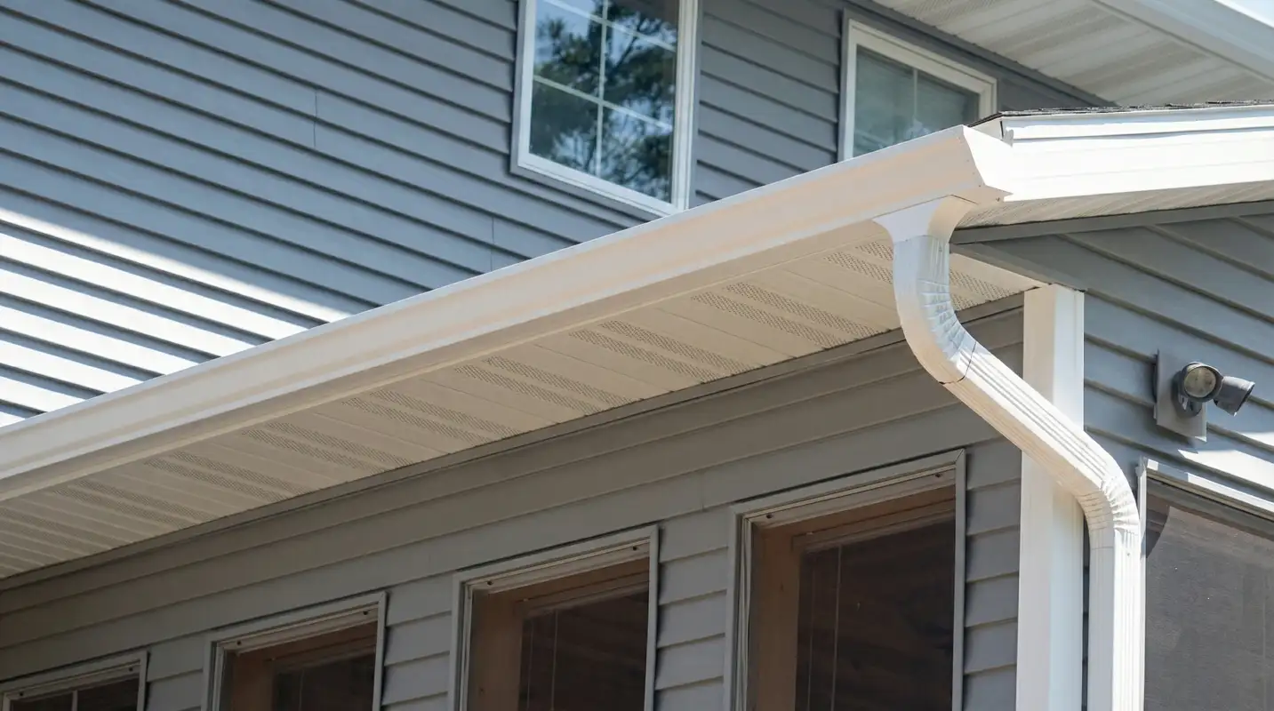 Professional home remodeling project showing newly installed white seamless gutters and downspouts on a house with gray siding in Clearwater, FL