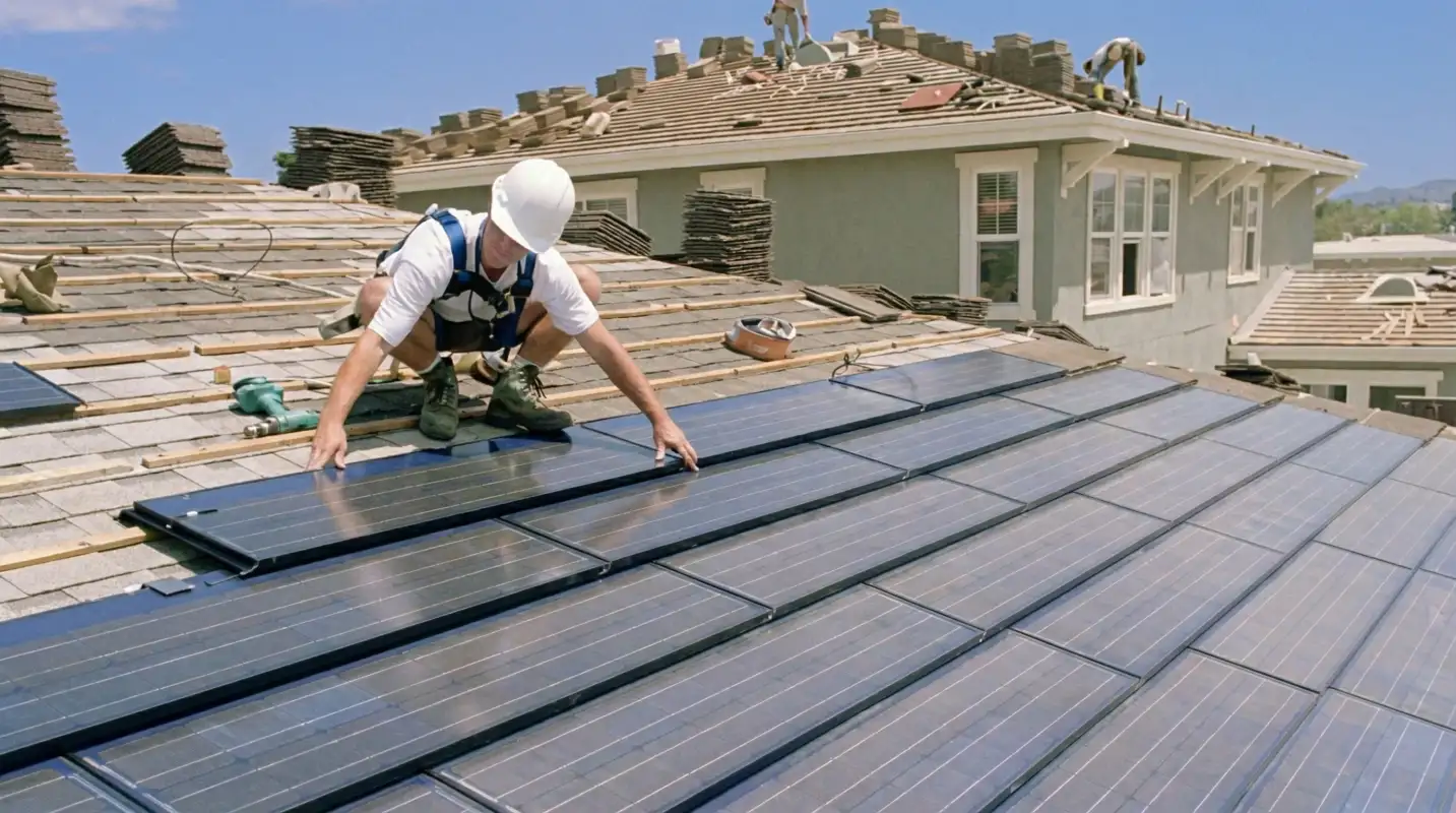 Roof replacement expert installing modern solar shingles on a residential home in Clearwater, FL