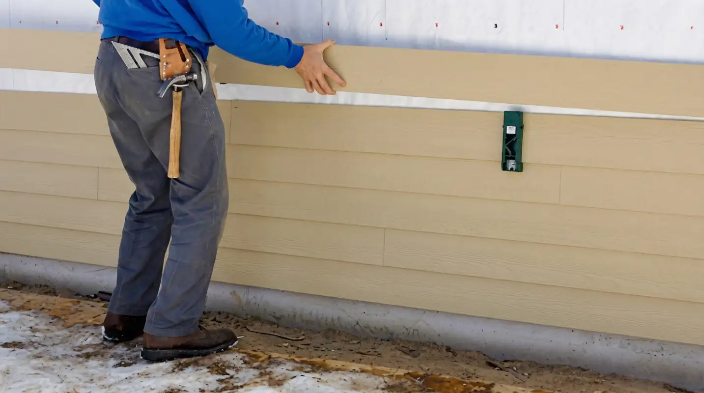 Siding replacement expert carefully aligning a new tan siding panel onto a residential exterior wall in Clearwater, FL