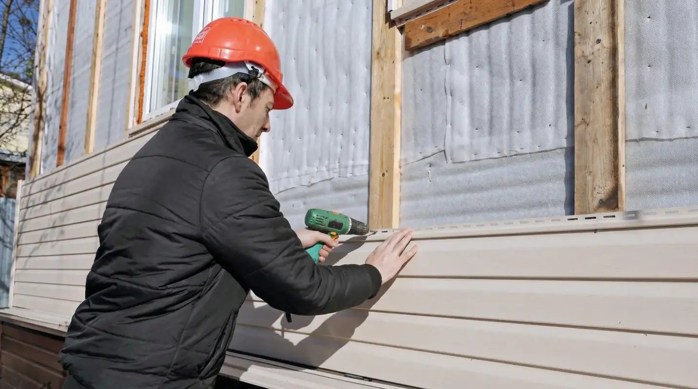 Siding replacement professional using a power drill to install new tan vinyl siding on a home exterior in Clearwater, FL