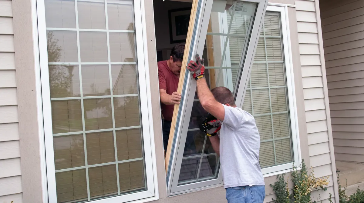 Professional home remodeling team installing a large replacement window on a house with tan siding in Clearwater, FL