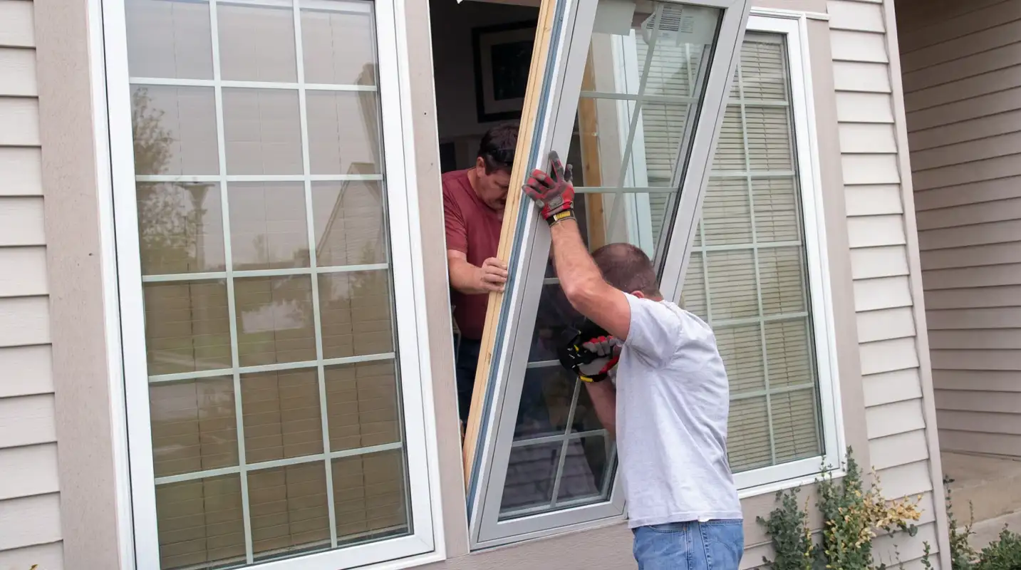 Professional home remodeling team installing a large replacement window on a house with tan siding in Clearwater, FL